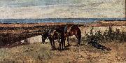 Giovanni Fattori Soldat mit zwei Pferden am Ufer des Meeres oil on canvas